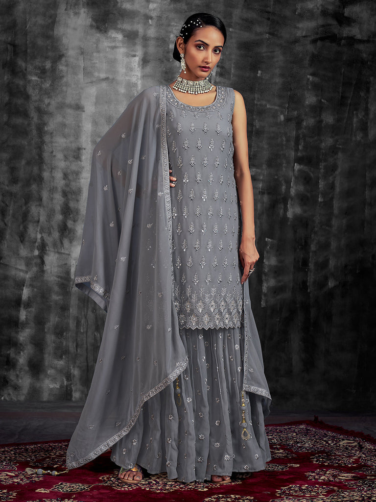 Stylish Embroidered Grey Georgette Stitched Kurta Set Clothsvilla