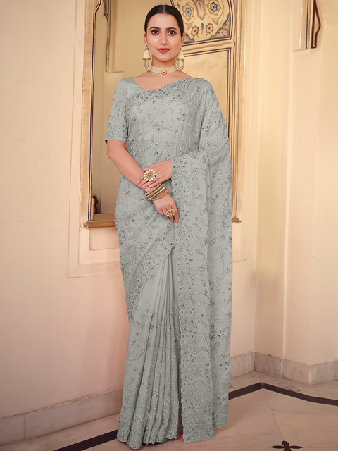 Grey Chiffon Saree With Unstitched Blouse Clothsvilla Main image