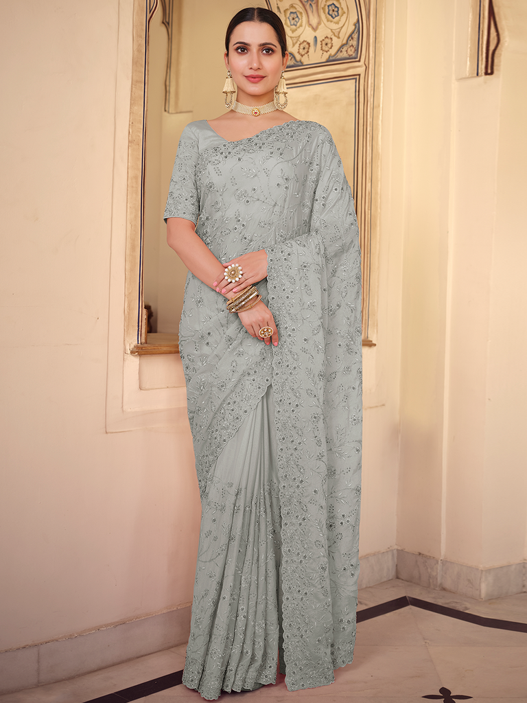 Grey Chiffon Saree With Unstitched Blouse Clothsvilla