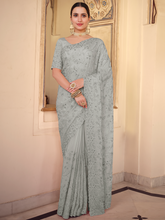 Load image into Gallery viewer, Grey Chiffon Saree With Unstitched Blouse Clothsvilla