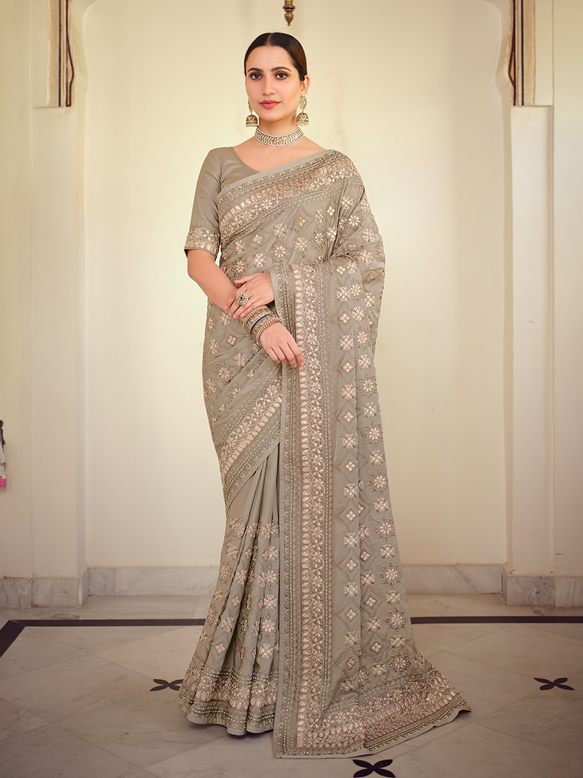 Grey Satin Georgette Saree With Unstitched Blouse Clothsvilla Main image