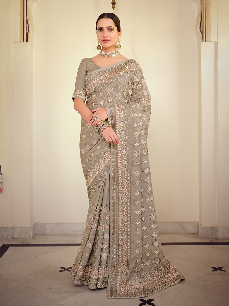 Grey Satin Georgette Saree With Unstitched Blouse Clothsvilla