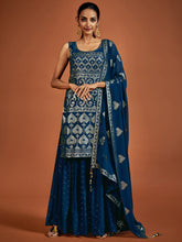 Load image into Gallery viewer, Embroidered Navy Blue Georgette Partywear Stitched Kurta Set Clothsvilla