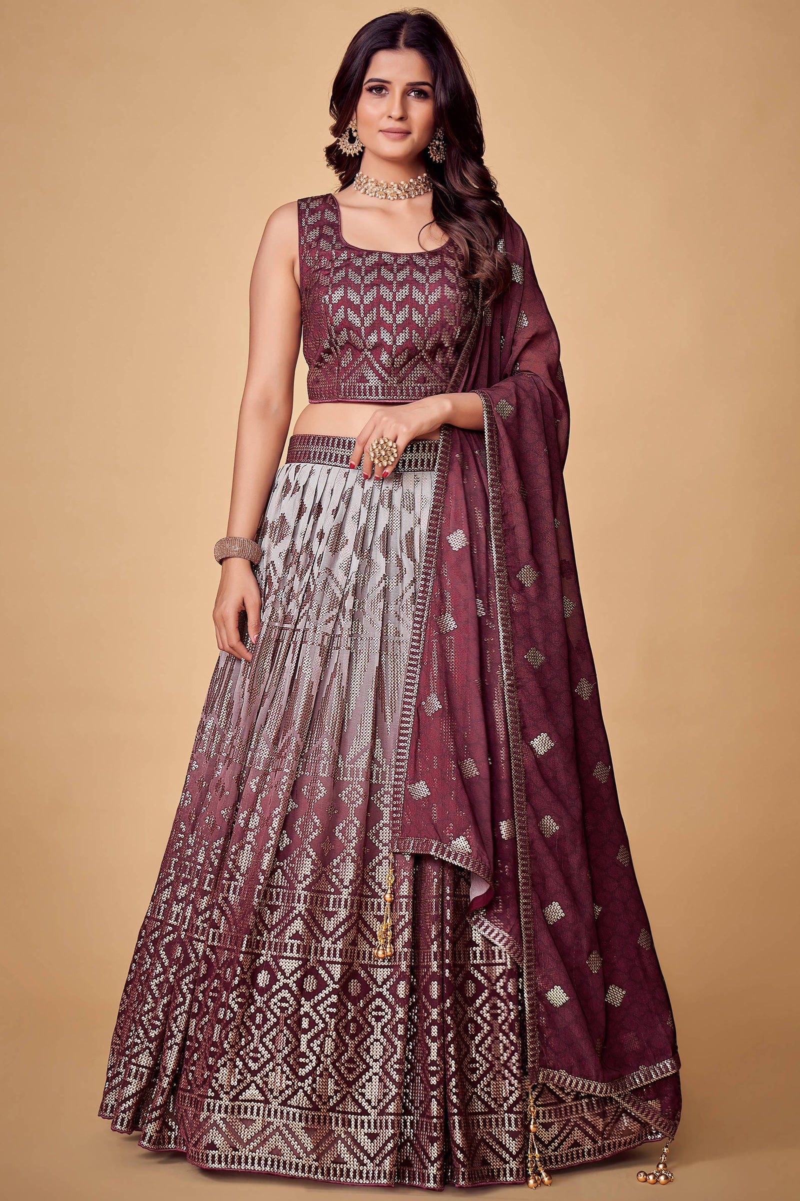 Purple Sequins Work Georgette Wedding Wear Lehenga Choli Clothsvilla