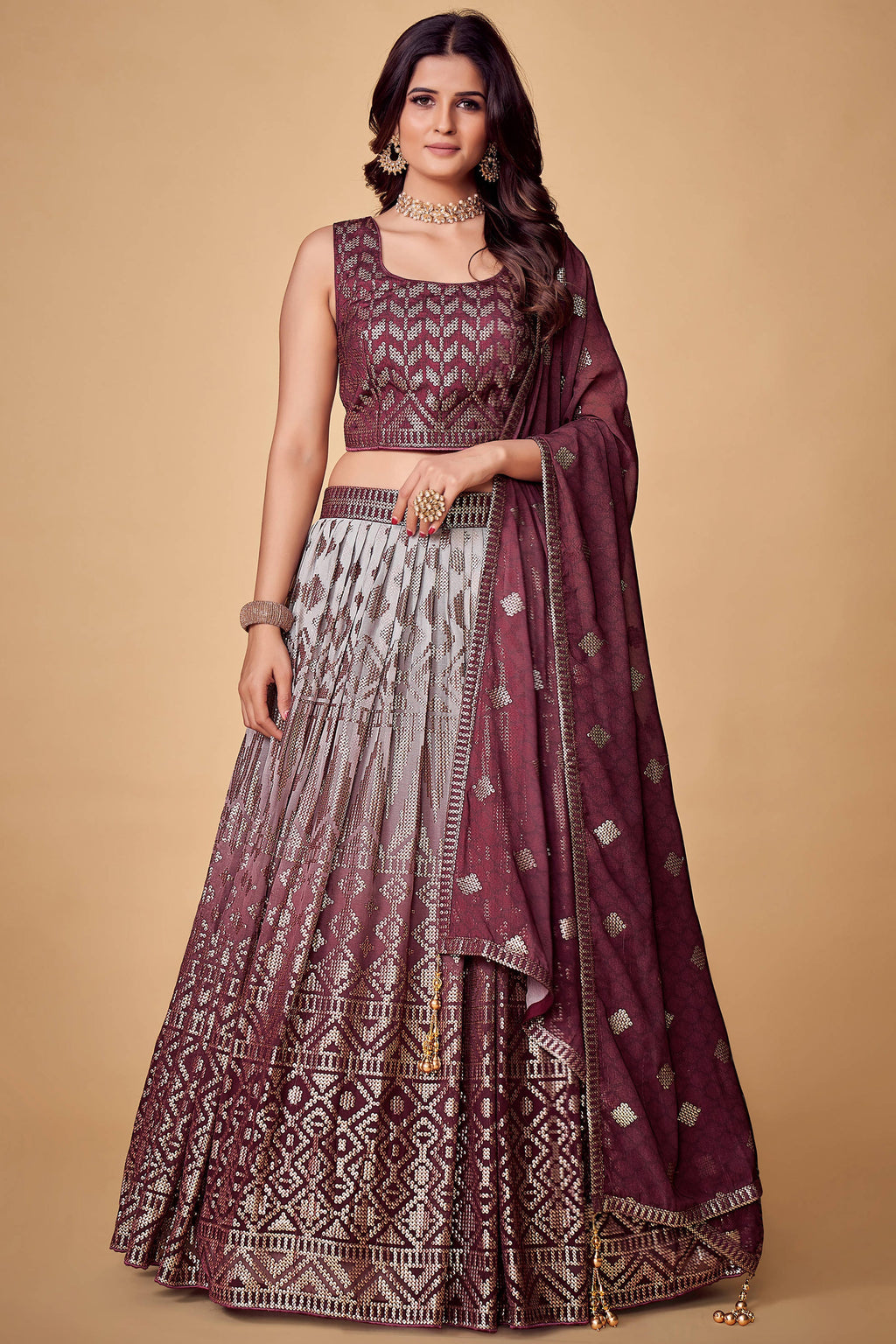 Purple Sequins Work Georgette Wedding Wear Lehenga Choli Clothsvilla