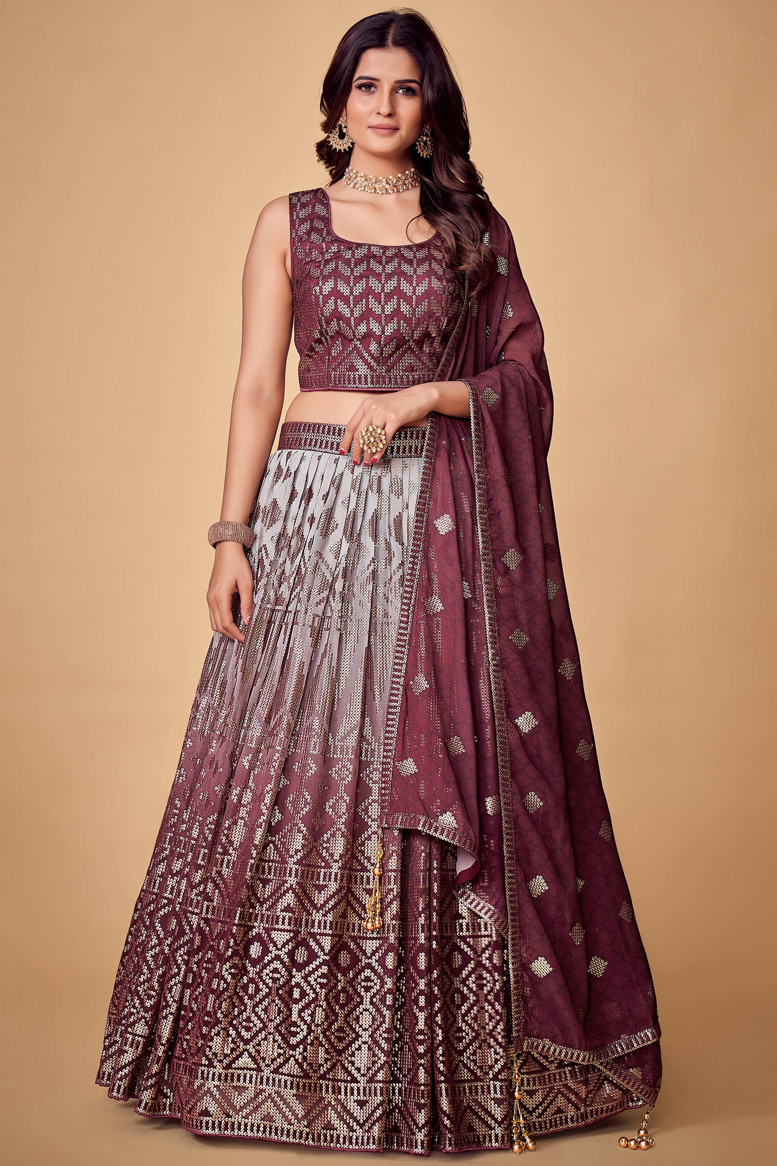 Purple Sequins Work Georgette Wedding Wear Lehenga Choli Clothsvilla