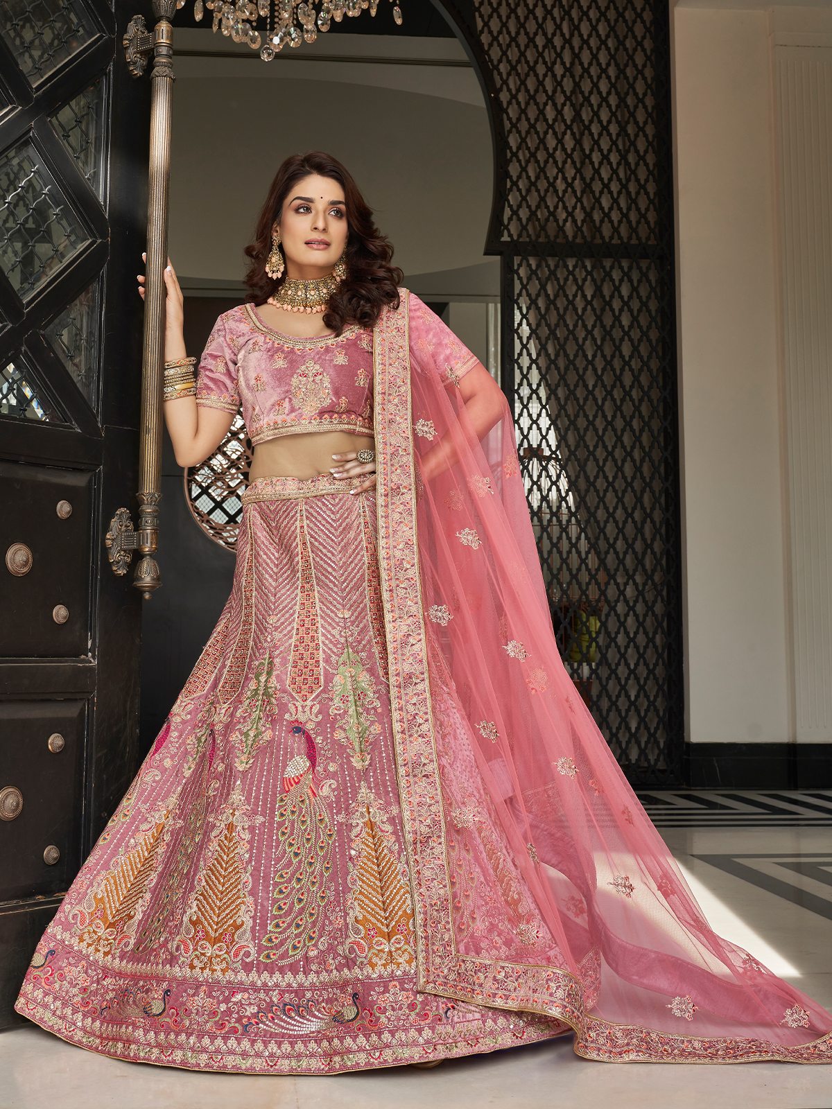 Lilac Velvet Semi Stitched Lehenga With Unstitched Blouse Clothsvilla