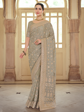 Grey Satin Georgette Saree With Unstitched Blouse Clothsvilla