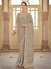 Load image into Gallery viewer, Grey Satin Georgette Saree With Unstitched Blouse Clothsvilla