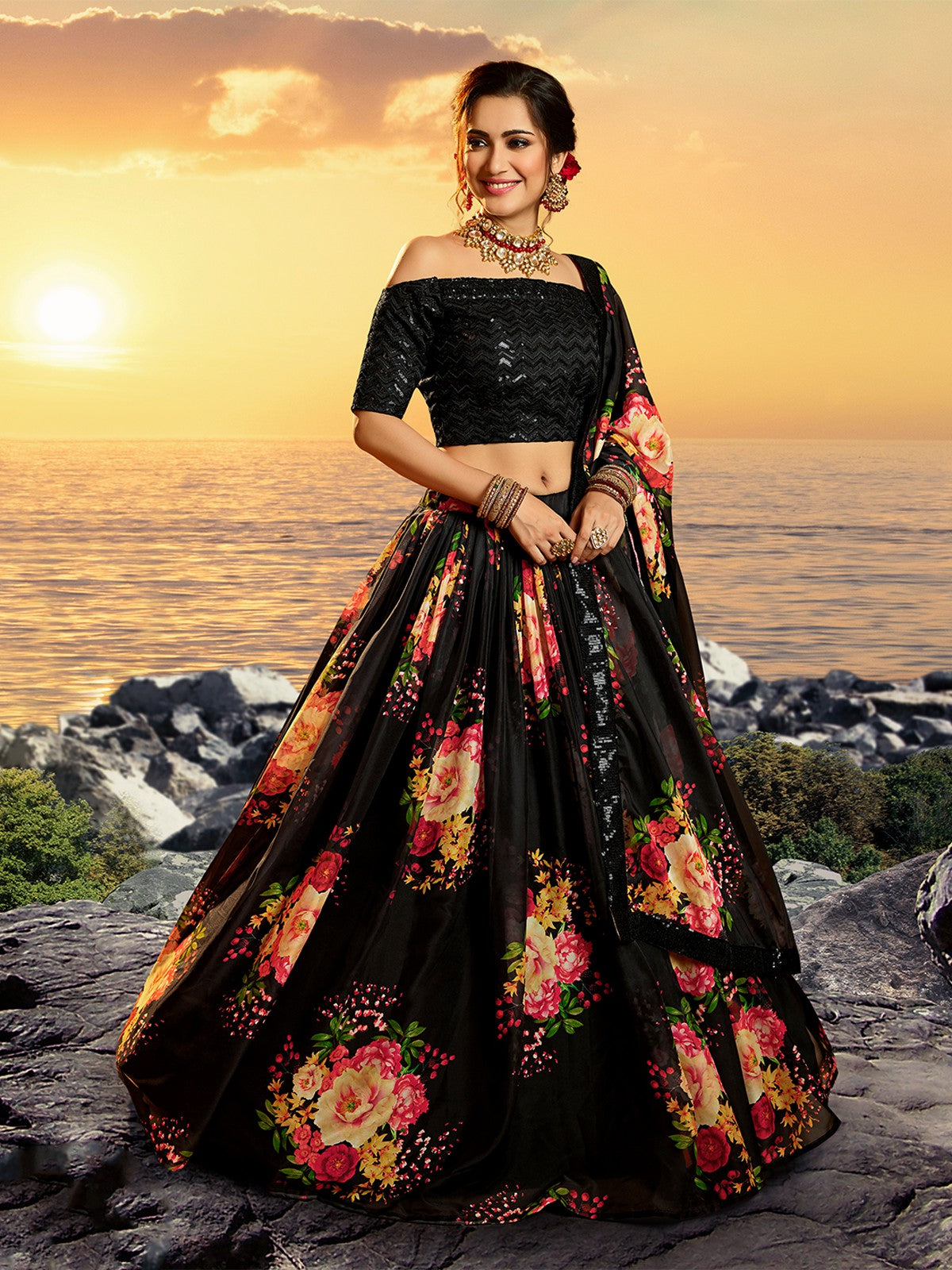 Black Classy Semi Stitched Lehenga With  Unstitched Blouse Clothsvilla