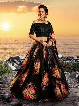 Black Classy Semi Stitched Lehenga With  Unstitched Blouse Clothsvilla