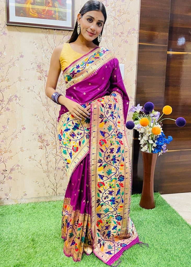 Magenta Purple Zari Woven Paithani Silk Saree Clothsvilla