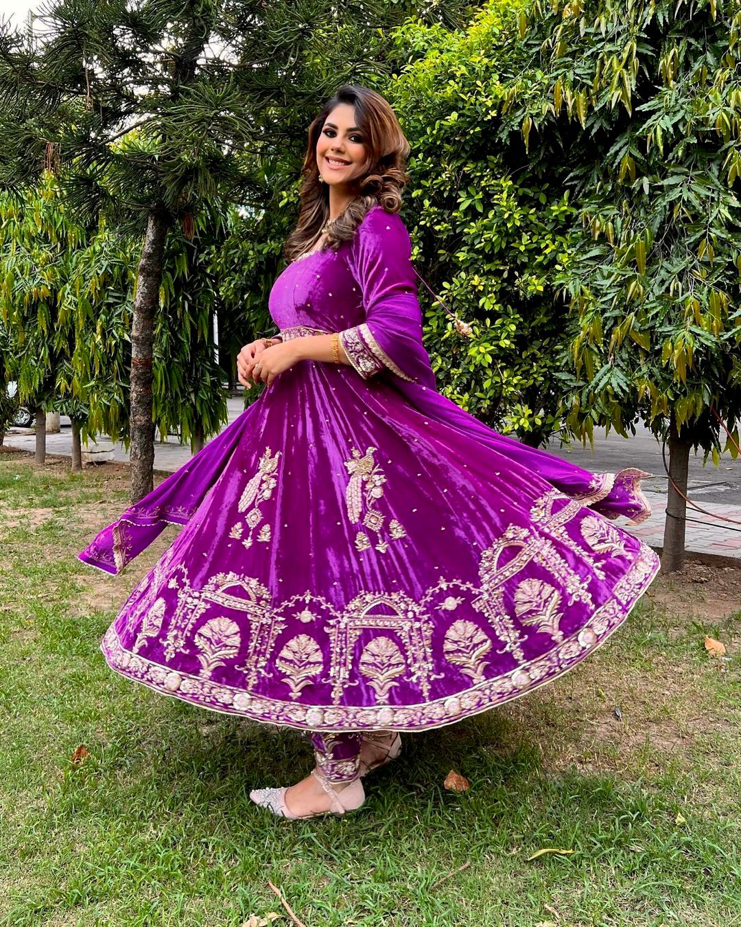 Stylish Purple Color Embroidery Work Velvet Gown Clothsvilla