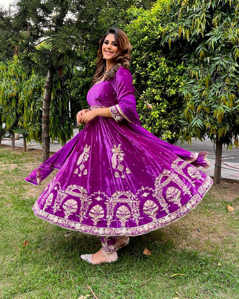 Stylish Purple Color Embroidery Work Velvet Gown Clothsvilla Main image