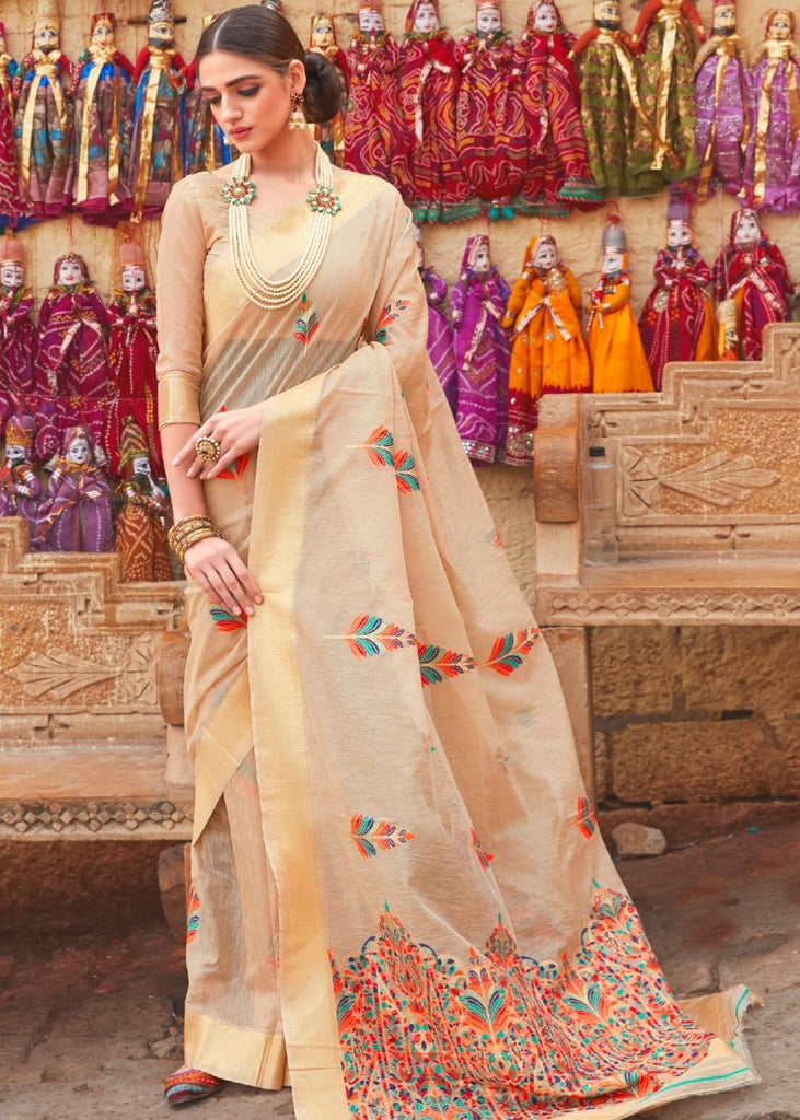 Beige Linen Silk Saree with Colorful Weaving work Clothsvilla