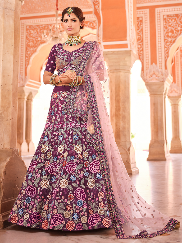 Purple Crepe Semi Stitched Lehenga With Unstitched Blouse Clothsvilla