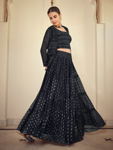 Load image into Gallery viewer, Dark Blue Embroidered Georgette Semi Stitched Lehenga With Unstitched Blouse Clothsvilla