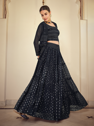 Dark Blue Embroidered Georgette Semi Stitched Lehenga With Unstitched Blouse Clothsvilla