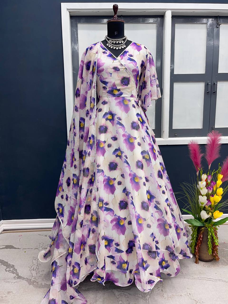 Designer White Color Floral Printed Gown Clothsvilla