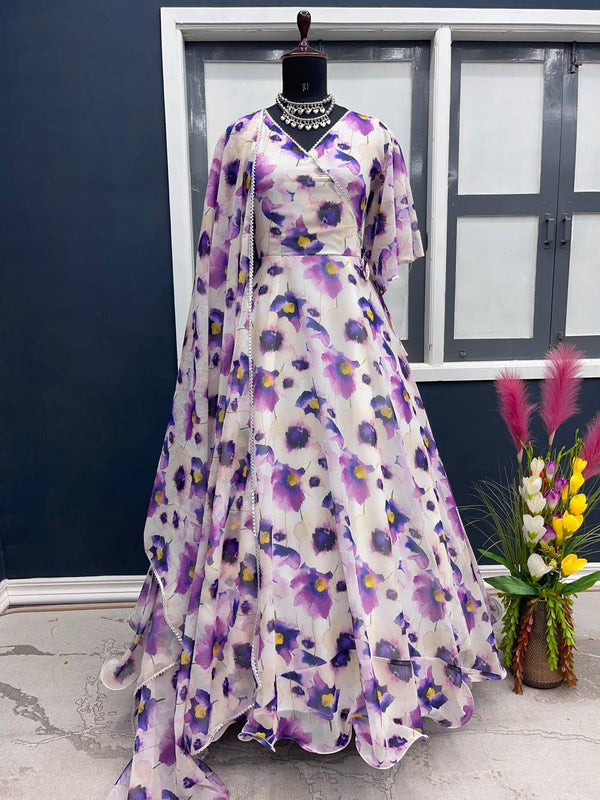 Designer White Color Floral Printed Gown Clothsvilla