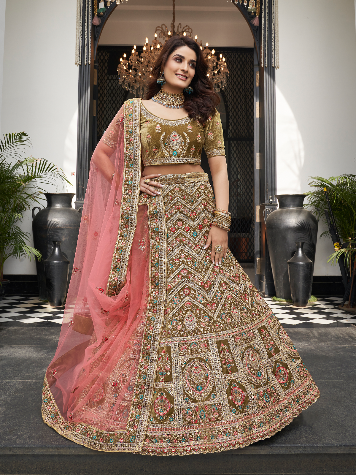 Olive Green Velvet Semi Stitched Lehenga With Unstitched Blouse Clothsvilla