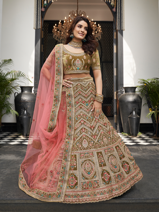 Olive Green Velvet Semi Stitched Lehenga With Unstitched Blouse Clothsvilla