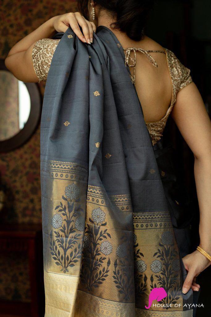 Tremendous Grey Soft Silk Saree With Elision Blouse Piece KP