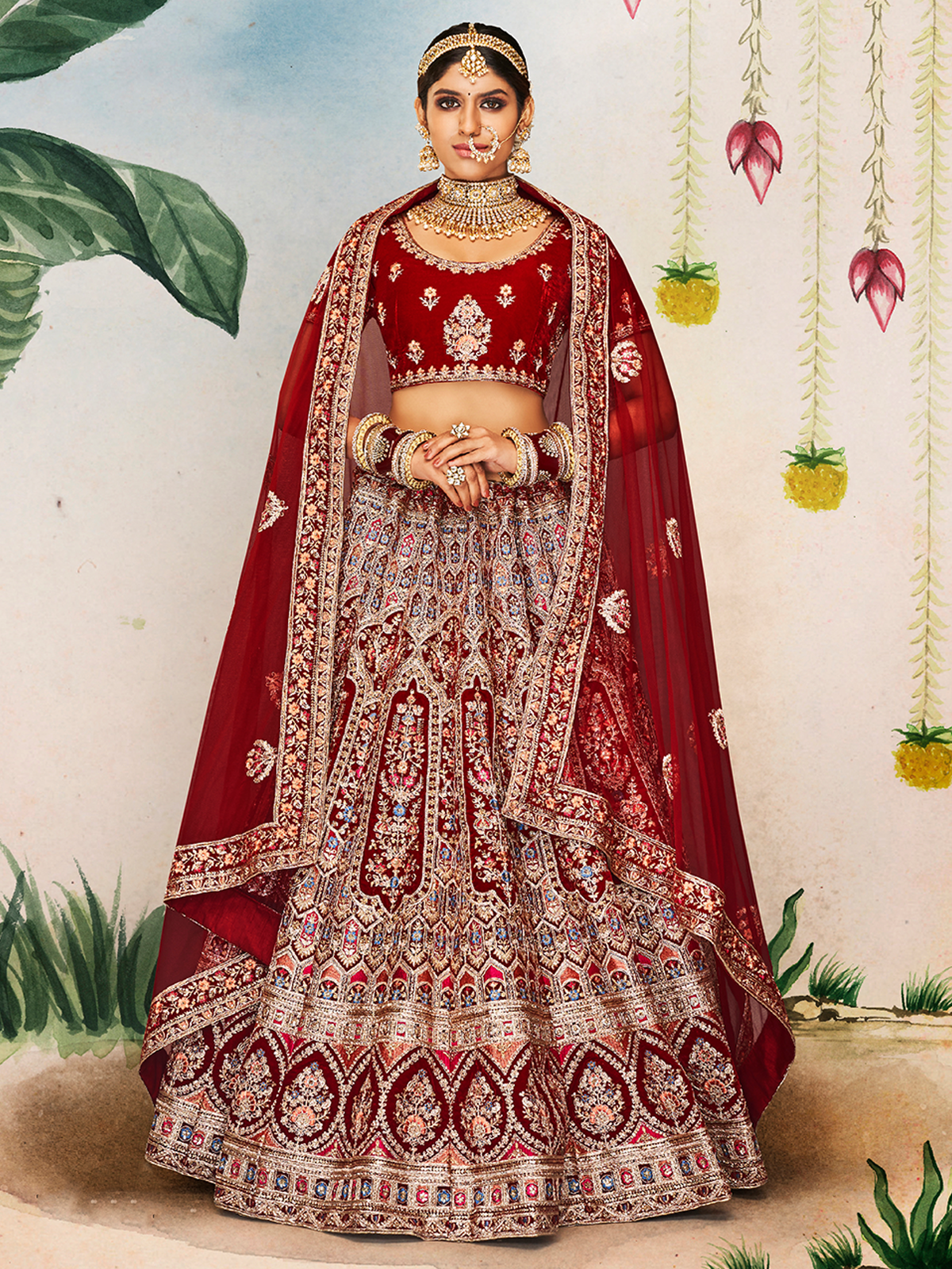 Maroon Velvet Semi Stitched Lehenga With Unstitched Blouse Clothsvilla Main image