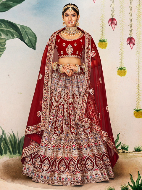Maroon Velvet Semi Stitched Lehenga With Unstitched Blouse Clothsvilla Main image