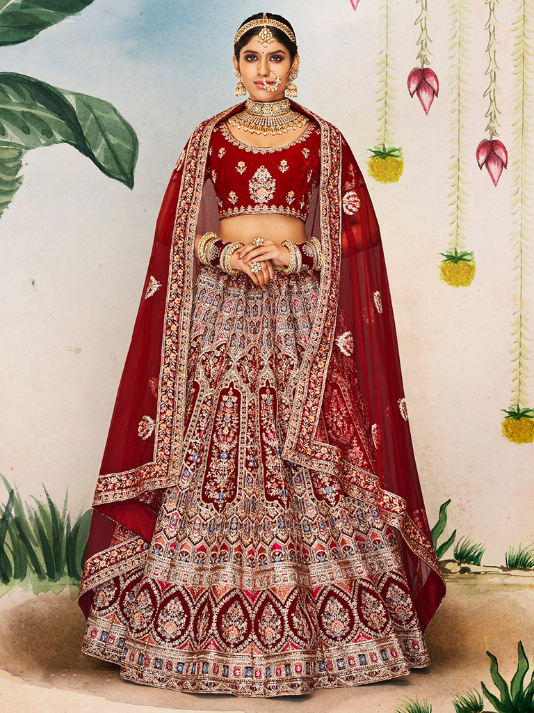 Maroon Velvet Semi Stitched Lehenga With Unstitched Blouse Clothsvilla