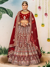 Load image into Gallery viewer, Maroon Velvet Semi Stitched Lehenga With Unstitched Blouse Clothsvilla