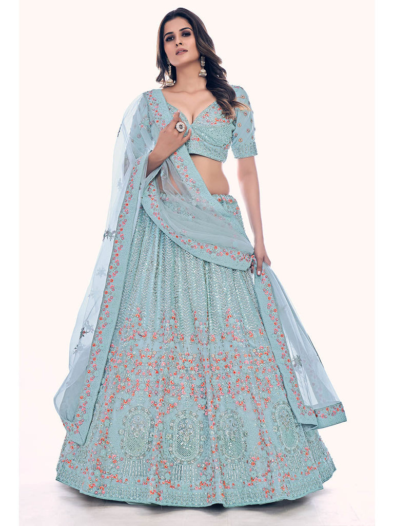 Firozi Soft Net Embroidered Designer Lehenga Choli Clothsvilla