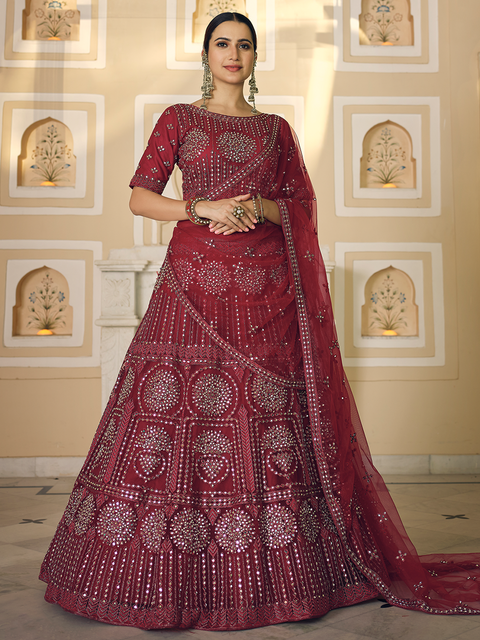 Maroon Soft Net Semi Stitched Lehenga With Unstitched Blouse Clothsvilla Main image