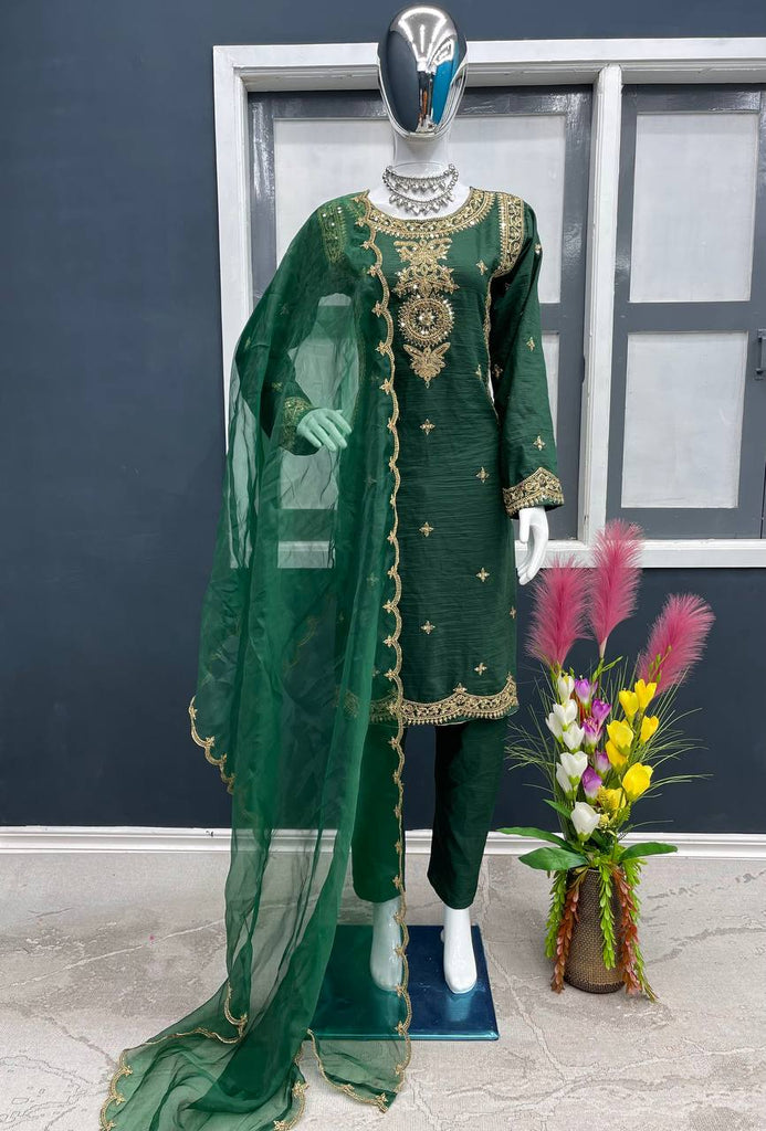 Green Color Embroidery Coding Dori Work Silk Salwar Suit Clothsvilla