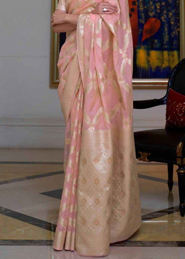 Sweet Pink Banarasi-Chanderi Fusion Woven Silk Saree Clothsvilla
