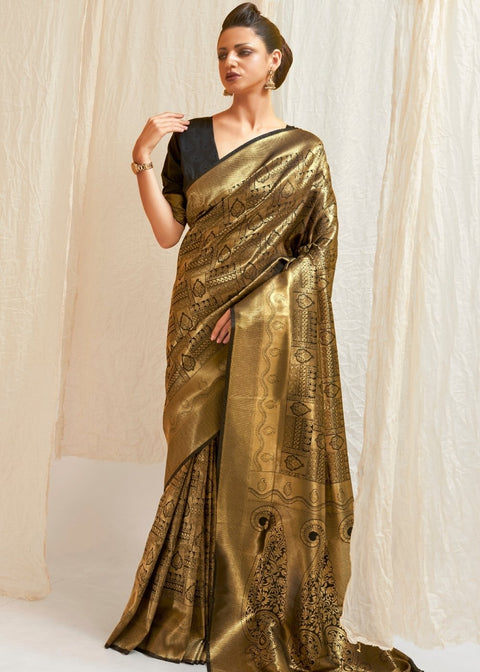 Soot Black & Golden Blend Kanjivaram Silk Saree Clothsvilla Main image