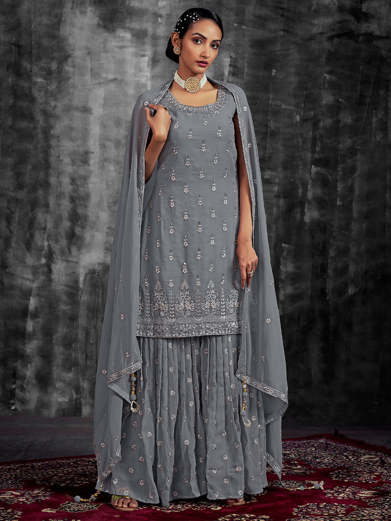 Grey Embroidered Partywear  Stitched Kurtaset Clothsvilla