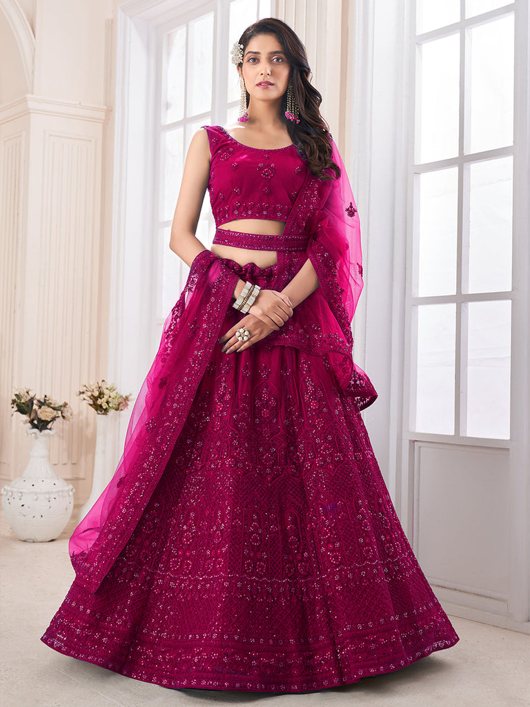 Magenta Soft Net Embroidered Semi Stitched Lehenga Choli Clothsvilla