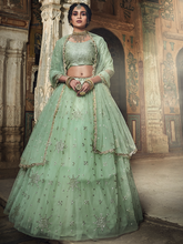 Load image into Gallery viewer, Sea Green Sequins, Zari Semi Stitched Lehenga With Unstitched Blouse Clothsvilla