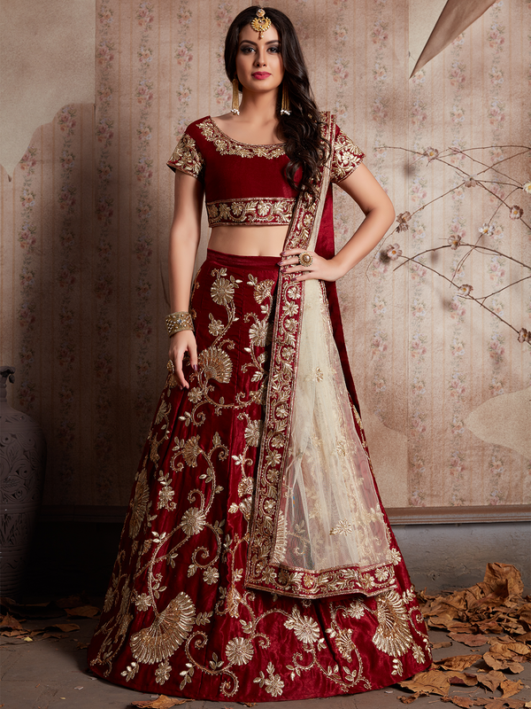 Maroon Embroidered Semi Stitched Lehenga With Unstitched Blouse Clothsvilla