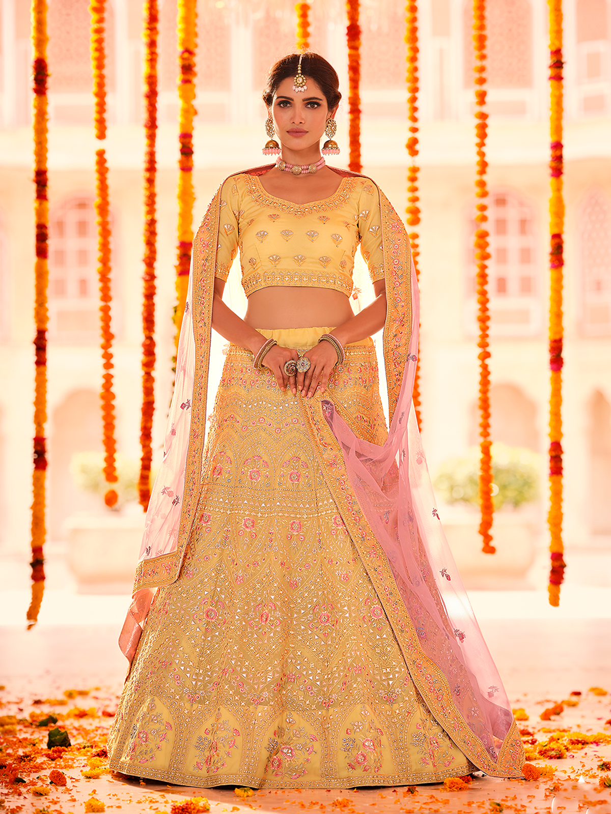 Yellow Embroidered Organza Semi Stitched Lehenga With Unstitched Blouse Clothsvilla