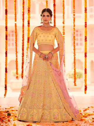 Yellow Embroidered Organza Semi Stitched Lehenga With Unstitched Blouse Clothsvilla