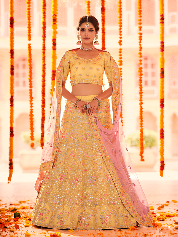 Yellow Embroidered Organza Semi Stitched Lehenga With Unstitched Blouse Clothsvilla