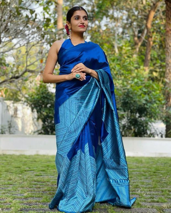 Symmetrical Blue Soft Silk Saree With Dalliance Blouse Piece KP