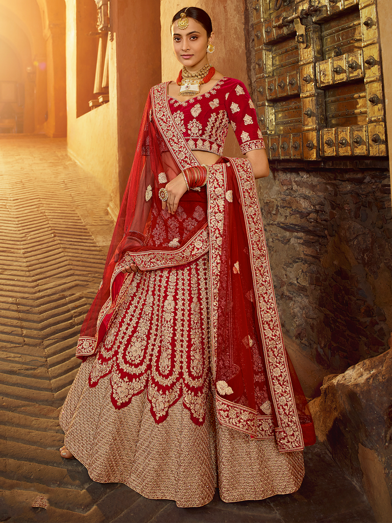 Red Embroidered Velvet Semi Stitched Lehenga With Unstitched Blouse Clothsvilla