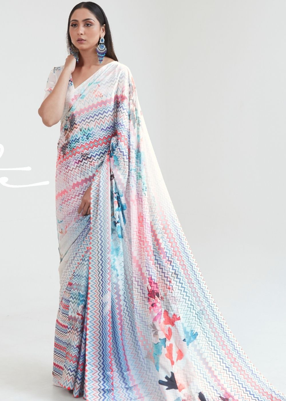 Daisy White & Blue Satin Silk Digital Printed Saree Clothsvilla Main image