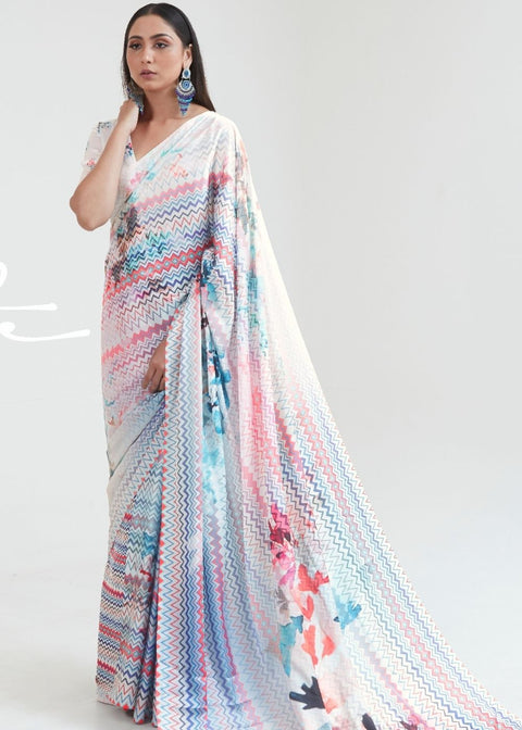 Daisy White & Blue Satin Silk Digital Printed Saree Clothsvilla Main image