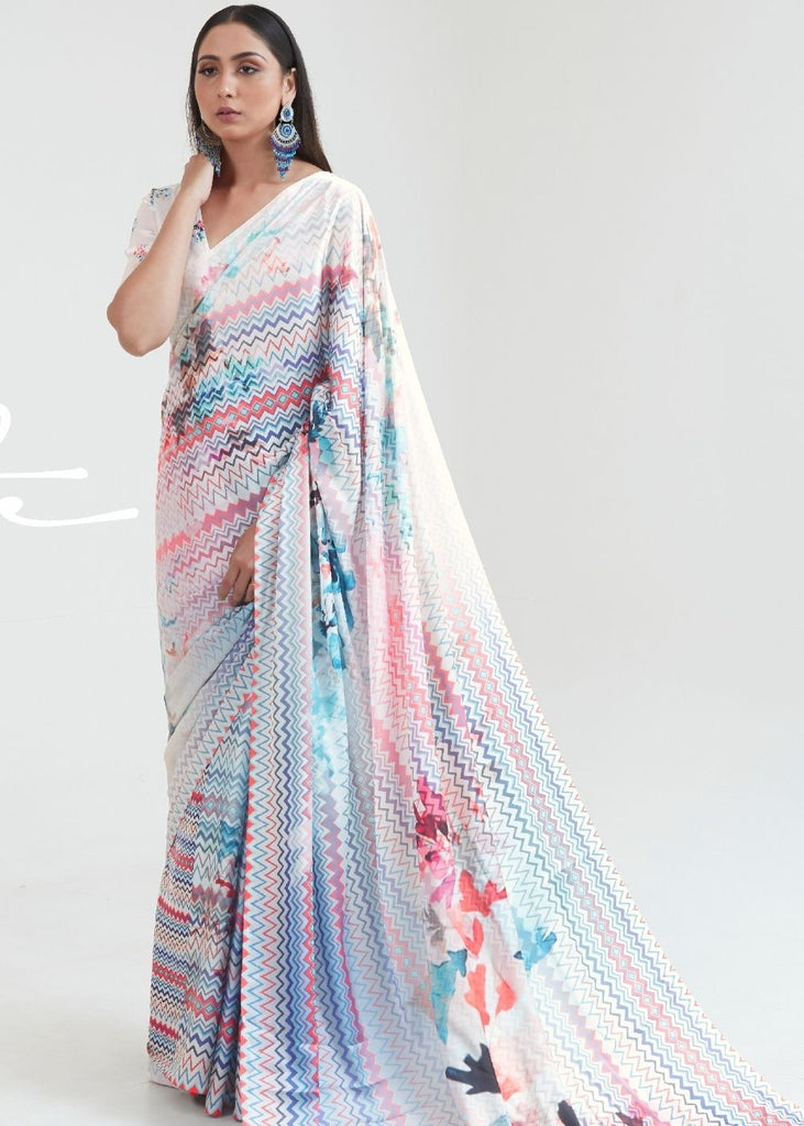 Daisy White & Blue Satin Silk Digital Printed Saree Clothsvilla
