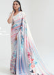 Load image into Gallery viewer, Daisy White &amp; Blue Satin Silk Digital Printed Saree Clothsvilla