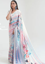 Load image into Gallery viewer, Daisy White &amp; Blue Satin Silk Digital Printed Saree Clothsvilla